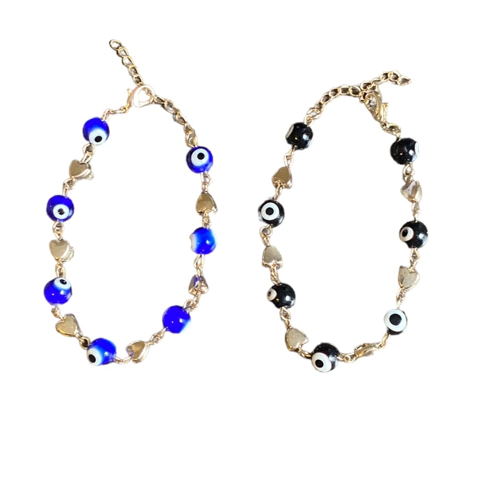 Blue & Black Evil Eye with Gold Tone Hearts Bracelets Set - Picture 2 of 6